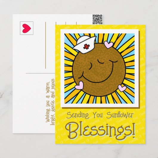 Schattigee glimlachende zonnebloemenverpleegster w briefkaart (Voorkant / Achterkant)