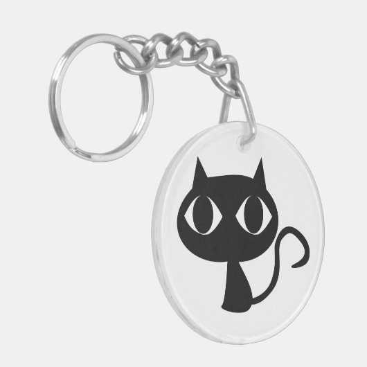 Schattigee Glimlachende Zwarte Kat Sleutelhanger (Voorkant Links)