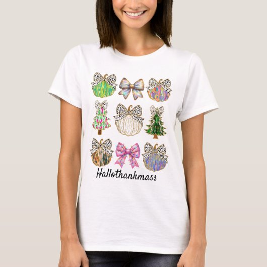 Schattigee Glitter Pompoen Coquette Bow Hallothank T-shirt (Voorkant)