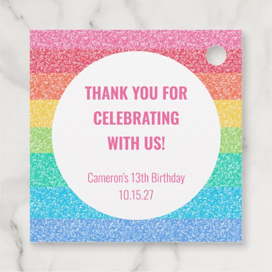 Schattigee glitter regenboog aangepaste verjaardag bedankjes labels (Achterkant)