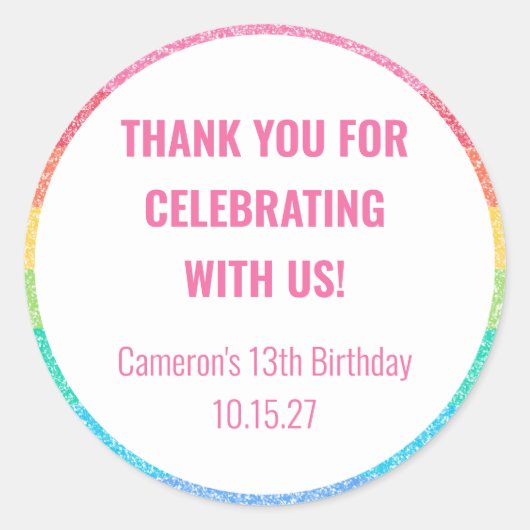 Schattigee glitter regenboog aangepaste verjaardag ronde sticker (Voorkant)