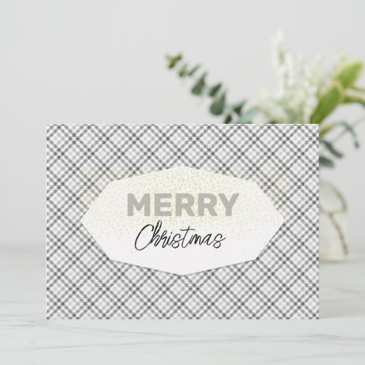 Schattigee Glitter Vrolijk Kerstfeest Tartan Grijs Feestdagenkaart (Staand voorkant)