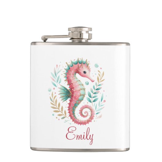 Schattigee Glittery Seahorse Custom Monogram Heupfles (Voorkant)