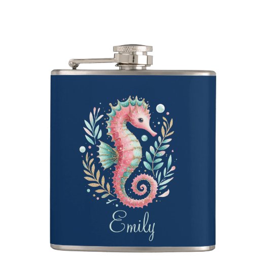 Schattigee Glittery Seahorse Custom Monogram Heupfles (Voorkant)