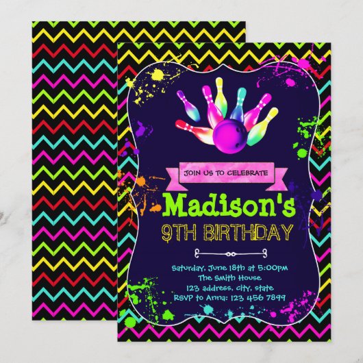 Schattigee Glow Bowling Party verjaardagsuitnodigi Kaart (Voorkant / Achterkant)