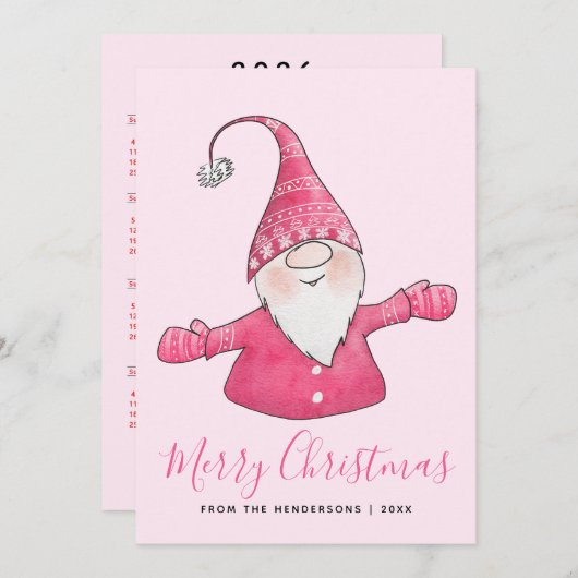 Schattigee Gnome 2025 Kalender Roze Vrolijk Kerstf Feestdagenkaart (Voorkant / Achterkant)