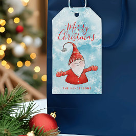 Schattigee Gnome Blue en Red Merry Christmas Cadeaulabel