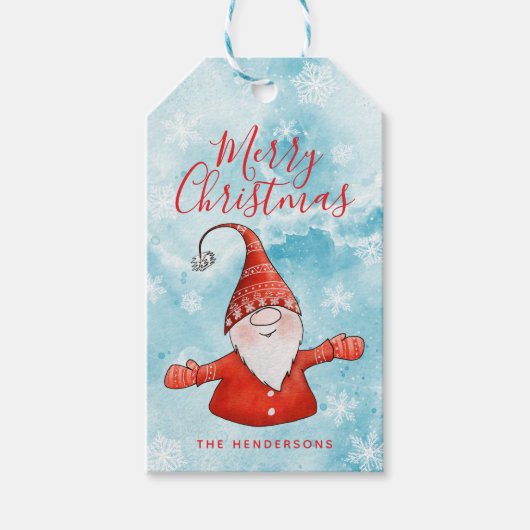 Schattigee Gnome Blue en Red Merry Christmas Cadeaulabel (Voorkant)