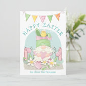 Schattigee Gnome Bunny Chick Bloemen Blauwgroen Ha Feestdagenkaart (Staand voorkant)