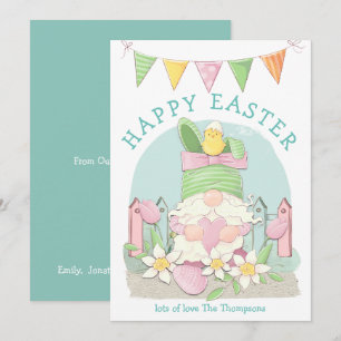 Schattigee Gnome Bunny Chick Bloemen Blauwgroen Ha Feestdagenkaart
