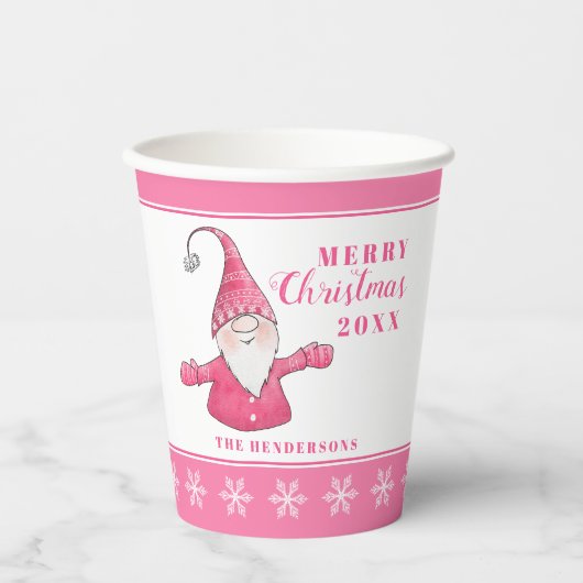 Schattigee Gnome Custom White en Pink Christmas Papieren Bekers (Voorkant)