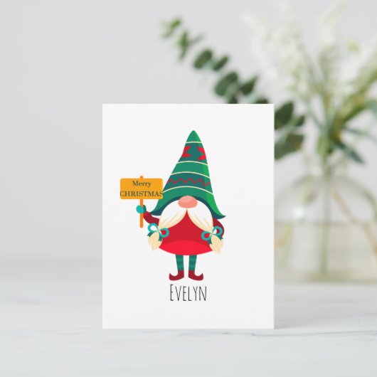 Schattigee Gnome Holding Placard met Groeten Briefkaart (Staand voorkant)