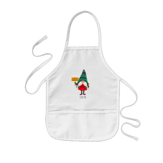 Schattigee Gnome Holding Placard met Groeten Kinder Schort (Voorkant)