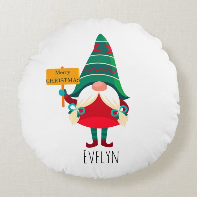 Schattigee Gnome Holding Placard met Groeten Rond Kussen (Voorkant)