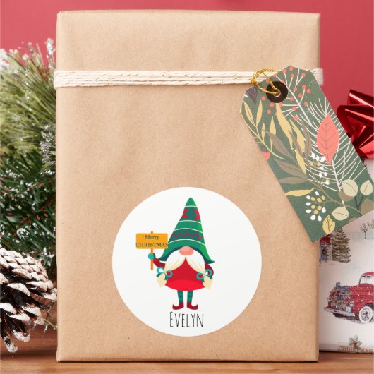 Schattigee Gnome Holding Placard met Groeten Ronde Sticker (Feestdagen)