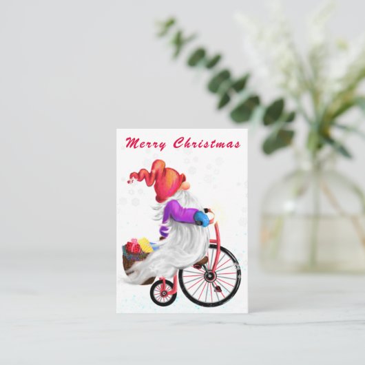 Schattigee Gnome met Bike Christmas Kaart Notitiekaartje (Staand voorkant)