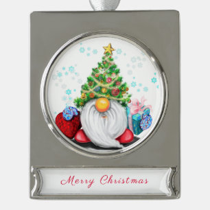Schattigee Gnome met Gift Kerstmis Ornament Verzilverd Banner Ornament