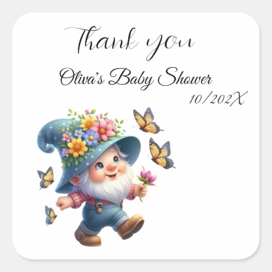 Schattigee Gnome met Vlinder Baby shower Sticker (Voorkant)
