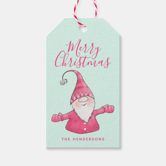 Schattigee Gnome Mint Groen en Roze Vrolijk Kerstf Cadeaulabel (Voorkant)