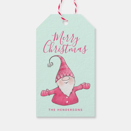 Schattigee Gnome Mint Groen en Roze Vrolijk Kerstf Cadeaulabel (Achterkant)