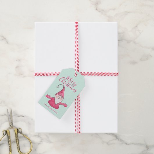 Schattigee Gnome Mint Groen en Roze Vrolijk Kerstf Cadeaulabel (Met Touw)