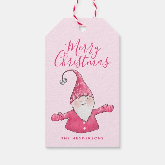 Schattigee Gnome Monogrammed Roze Vrolijk Kerstfee Cadeaulabel (Achterkant)