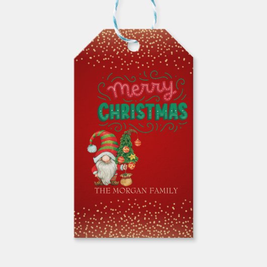 Schattigee Gnome Pine Tree Confetti Red Merry Chri Cadeaulabel (Voorkant)