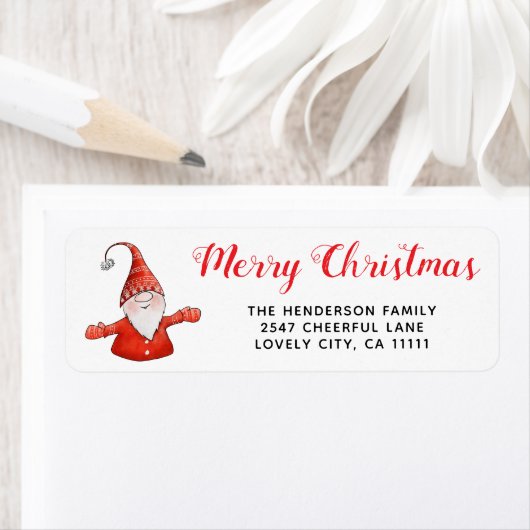 Schattigee Gnome rood en wit kerstadres Etiket (Insitu)