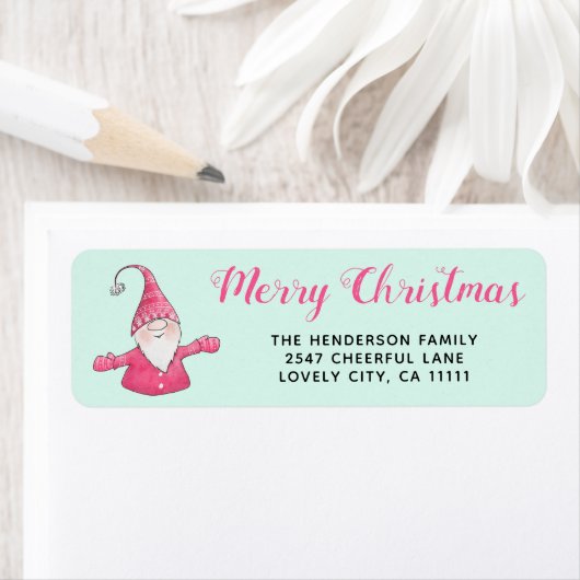 Schattigee Gnome Roze en Mint Groene Kersttoespraa Etiket (Insitu)