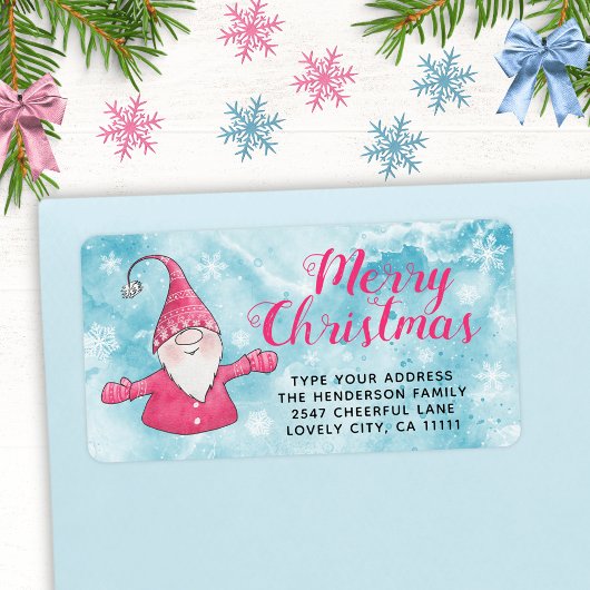 Schattigee Gnome Snowy Blue en Pink Merry Christma Etiket