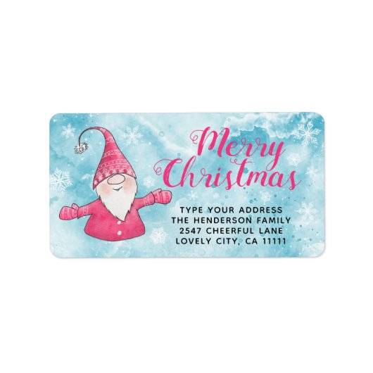Schattigee Gnome Snowy Blue en Pink Merry Christma Etiket (Voorkant)