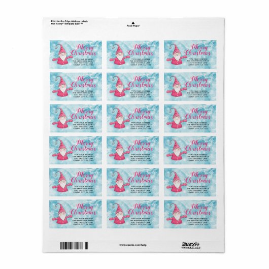Schattigee Gnome Snowy Blue en Pink Merry Christma Etiket (Full Sheet)