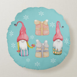 Schattigee Gnome Turquaise Blauw Handgeschilderd Rond Kussen