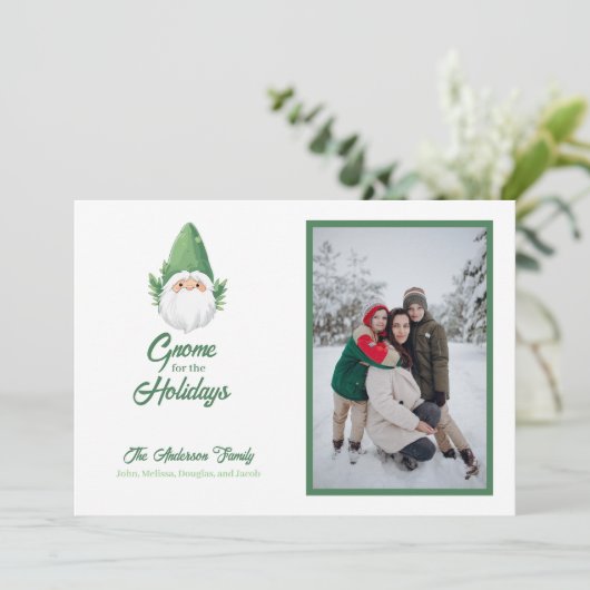 Schattigee Gnome voor de Feestdagen Familie Foto V Feestdagenkaart (Staand voorkant)
