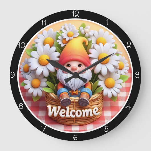 Schattigee Gnome Welkom Daisy Clock Grote Klok (Voorkant)