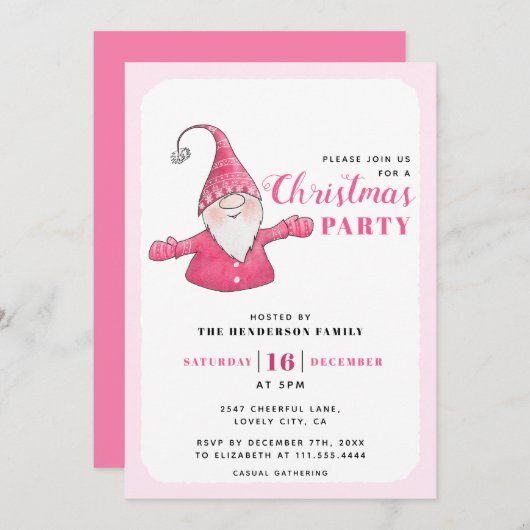 Schattigee Gnome White en Roze Kerstfeest Kaart (Voorkant / Achterkant)