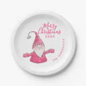 Schattigee Gnome Wit en Roze Custom Merry Christma Papieren Bordje (Voorkant)