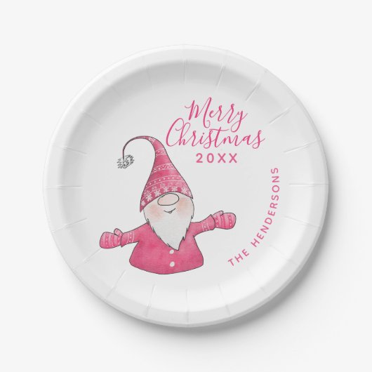 Schattigee Gnome Wit en Roze Custom Merry Christma Papieren Bordje (Voorkant)