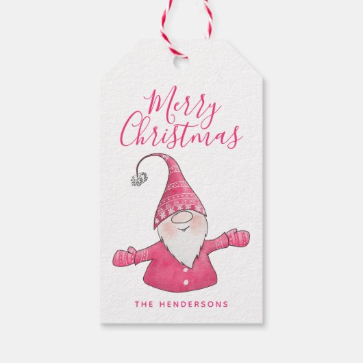 Schattigee Gnome Witte en Roze Vrolijke Kerst Cadeaulabel (Achterkant)