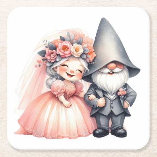 Schattigee Gnome Woodland Garden Oranje bruiloft Kartonnen Onderzetters (Voorkant)