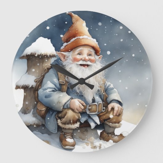 Schattigee Gnome Zittend bij een Boom in de Sneeuw Grote Klok (Voorkant)