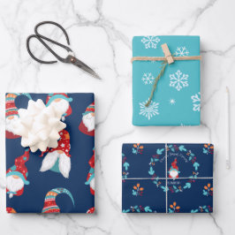 Schattigee Gnomen Sneeuwvlokken Bloemenkrans Blauw Inpakpapier Vel