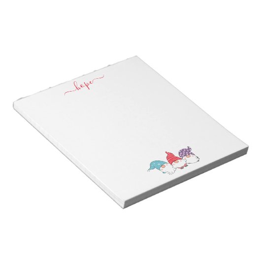 Schattigee Gnomes hopen op kerstscript Notitieblok (Schuin)