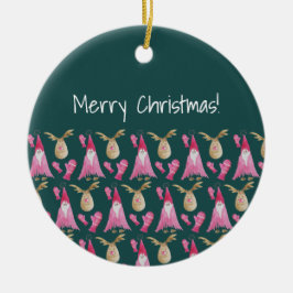 Schattigee gnoom en rendier met roze handschoen keramisch ornament