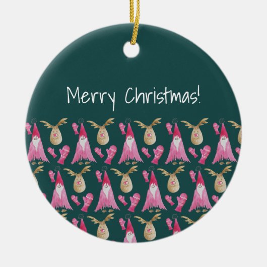 Schattigee gnoom en rendier met roze handschoen keramisch ornament (Voorkant)