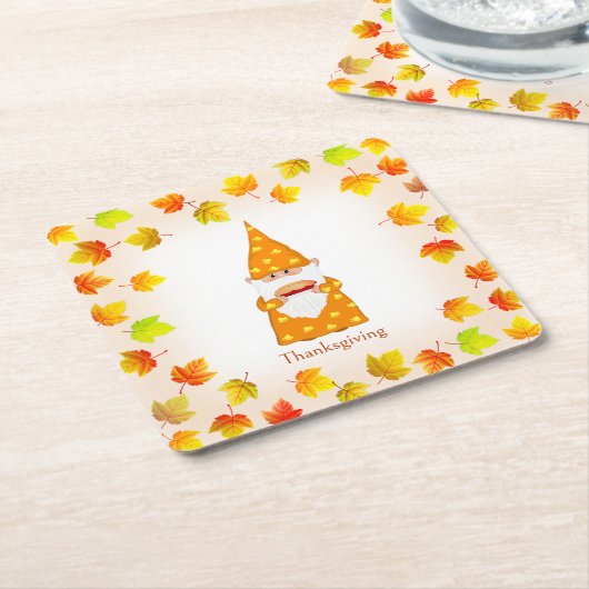 Schattigee gnoom & kleurrijke valbladeren kartonnen onderzetters (Schuin)