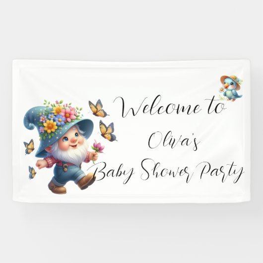 Schattigee gnoom met vlinder Baby shower banner (Horizontaal)