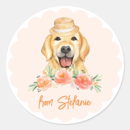 Schattigee Golden Retriever en Perzikbloemen Verja Ronde Sticker (Voorkant)