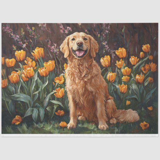 Schattigee Golden Retriever in een Tulip Garden De Tissuepapier (Voorkant)