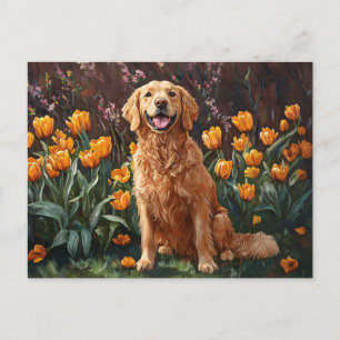 Schattigee Golden Retriever in een tulpentuin Briefkaart